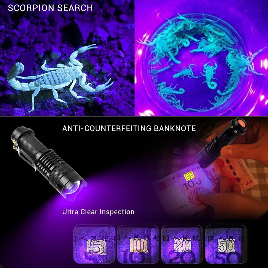 LED UV flashlight with zoom function Mini black light pet urine stain detector scorpion hunting | Лампы и освещение