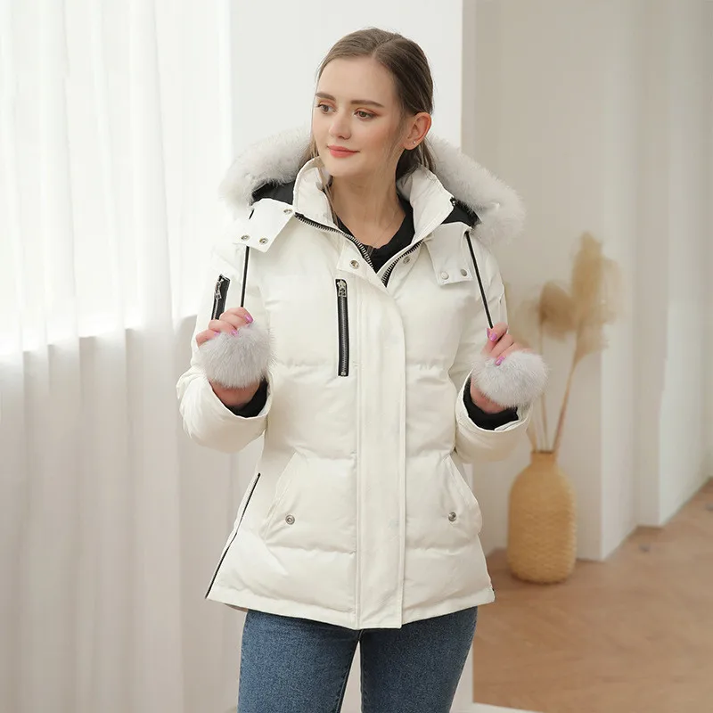 

Vogue New Winter Jacket Women Bomber 90% White Duck Down Waterproof Coat Real Natural Fox Fur Collar Hooded Warm Streetwear