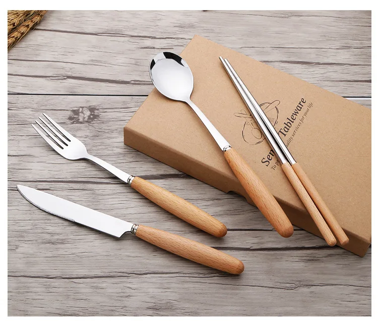 

Wooden Handle Simple Creativity Design Cutlery Set Portable Stainless Steel Eco Friendly Gift Cuberteria Home Decoration EC50CJ