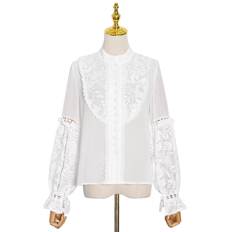 

In the spring of 2021 the new fashion leisure collar single-breasted lace embroidery shirts, 28150