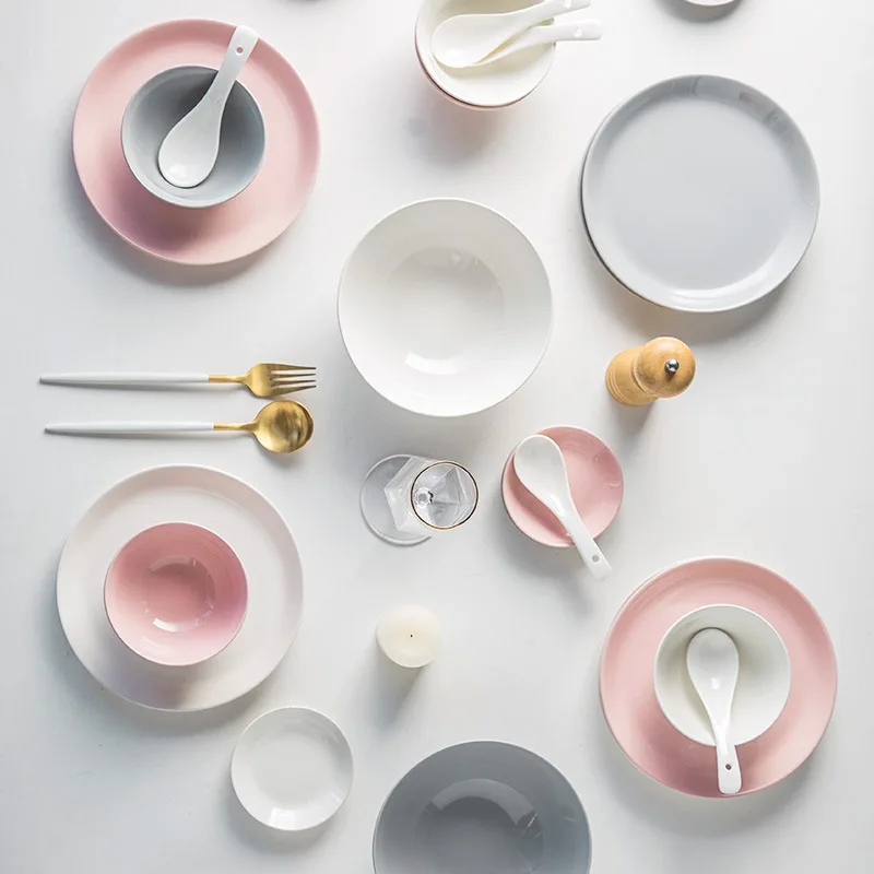

32PC Kitchen Tableware Set Ceramic Dishes For Serving Cute Simple Various Sizes Dinner Plates Solid Color Beauty Plates For Food