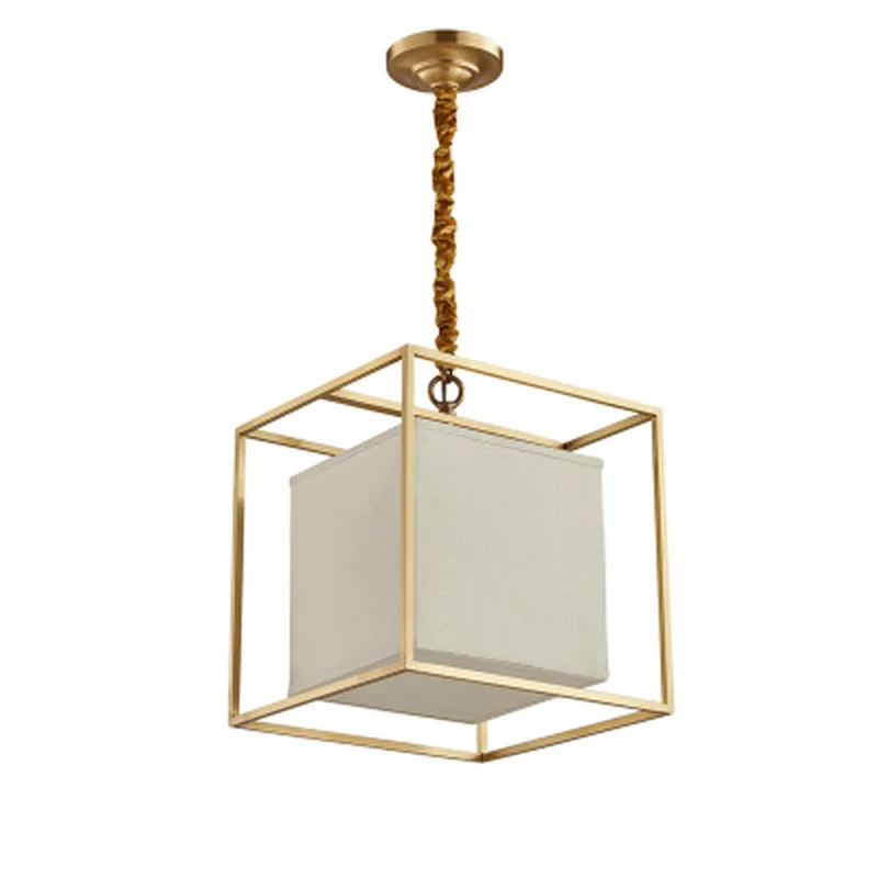 European American golden square cube copper brass LED pendant lamp light fabric frame modern hanging chain | Освещение