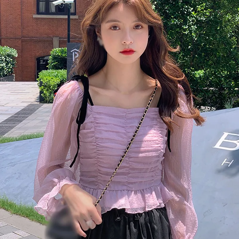 

Women's Fashion Floral Print Slash Neck Sexy Sweet Chiffon Long Sleeve Shirt Blouses Slash neck