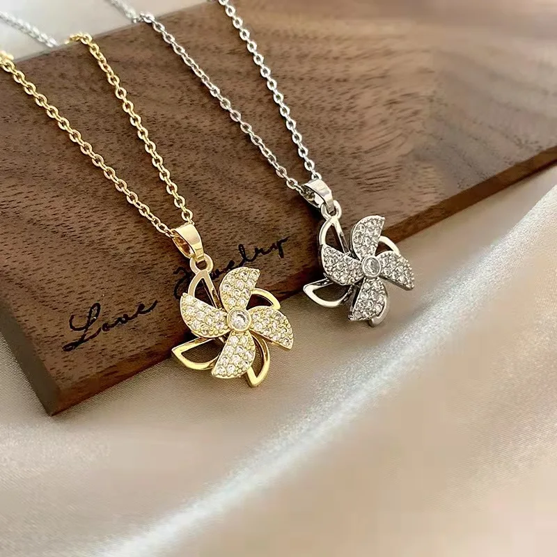 

Korean Style Rotatable Windmill Pendant Necklace Stainless Steel Cubic Zirconia Creative Clavicle Chain For Women Jewelry