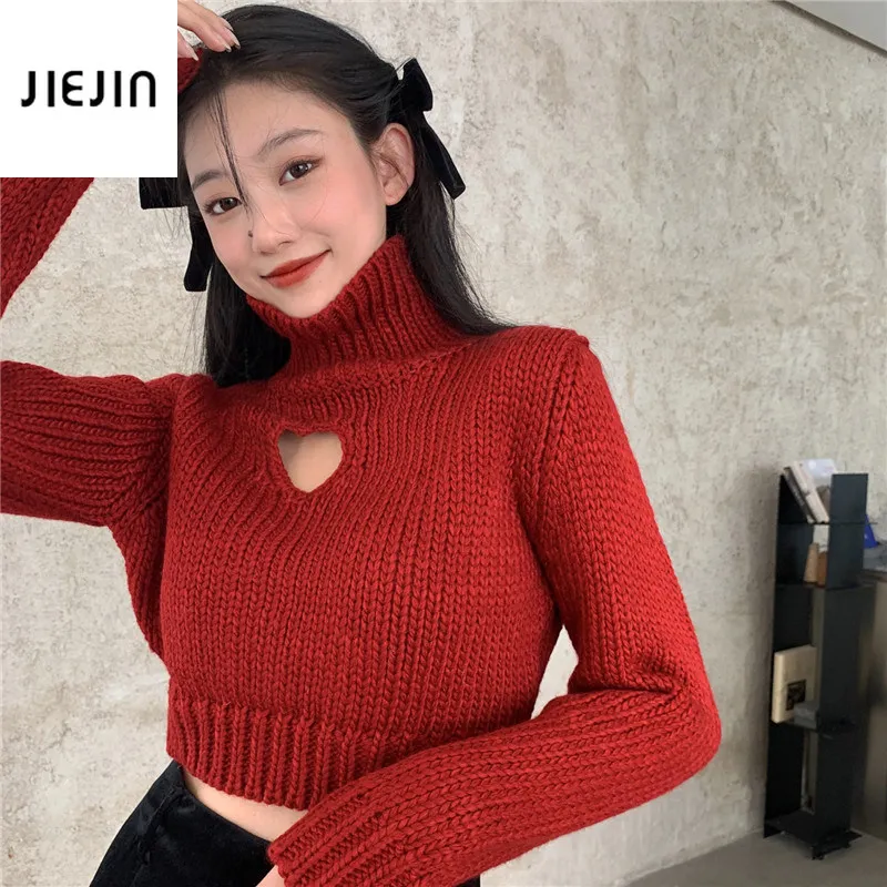 

Winter New Hollow Out Heart Thick Sweater Korea Chic Red Turtleneck Pullover Soft Warm Lazy Knitted Sweaters Short Knitted Top