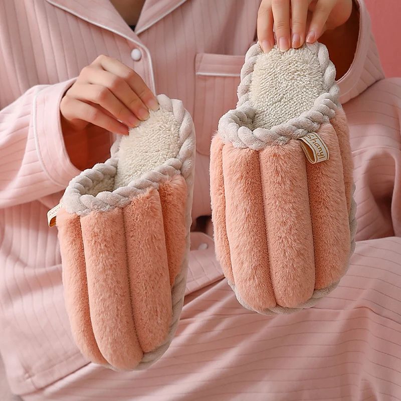

Зимние женские меховые тапочки, однотонные домашние хлопковые туфли, Нескользящие мягкие ЭВА, фотообои для спальни