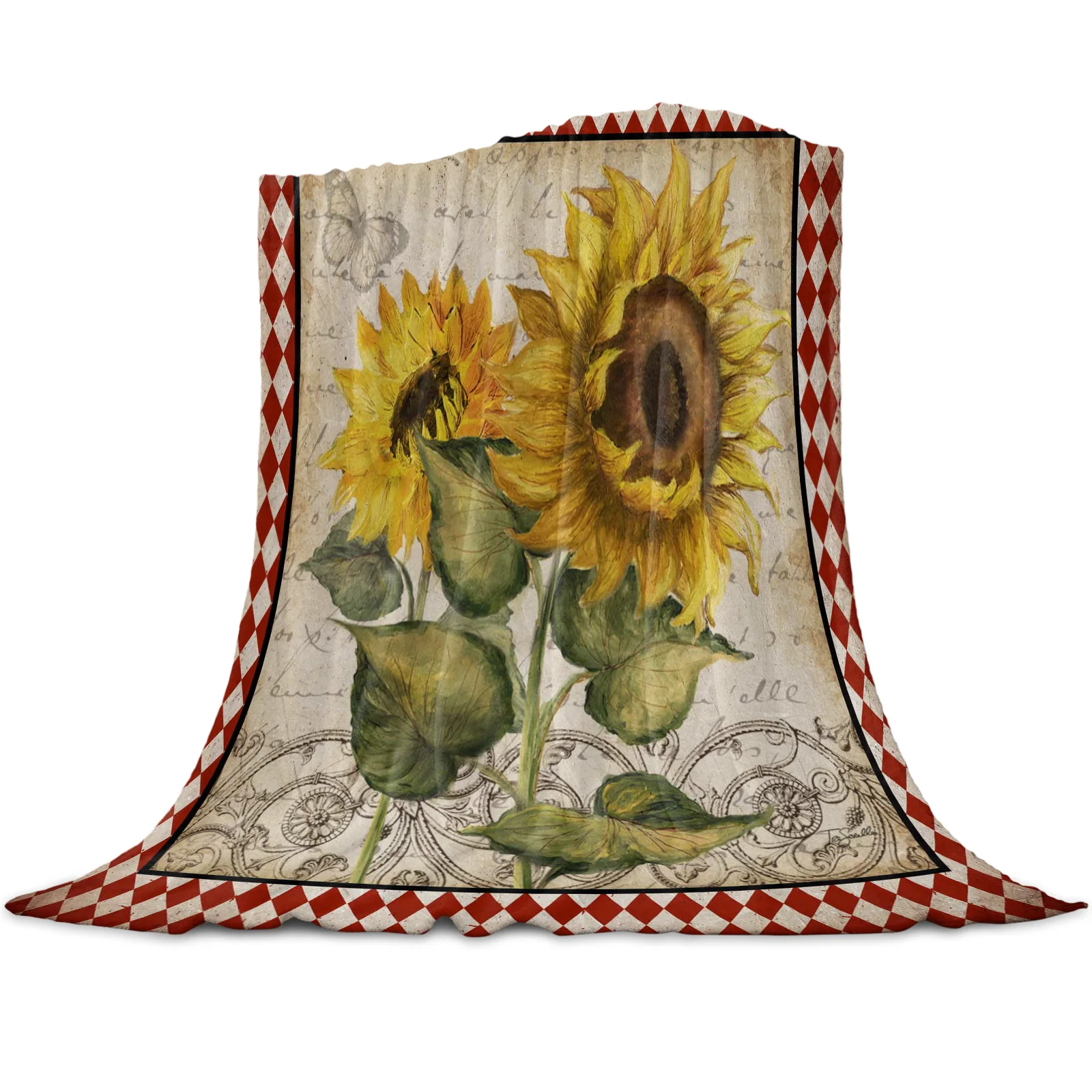 

Flower Sunflower Rhombus Retro Soft Warm Flannel Blankets Sofa Bed Throw Blankets Coral Fleece Nap Wrap Travel Blankets