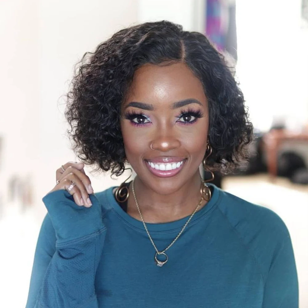 

Короткие вьющиеся человеческие волосы, парик Боб 4x4, парики на водной волне для женщин, человеческие волосы натурального черного цвета с пре...