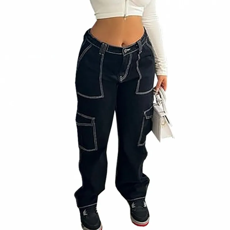 

Джинсы Y2k женские с карманами, свободные прямые брюки в стиле пэчворк, весенние модные Новые однотонные уличные стильные женские джинсовые ...