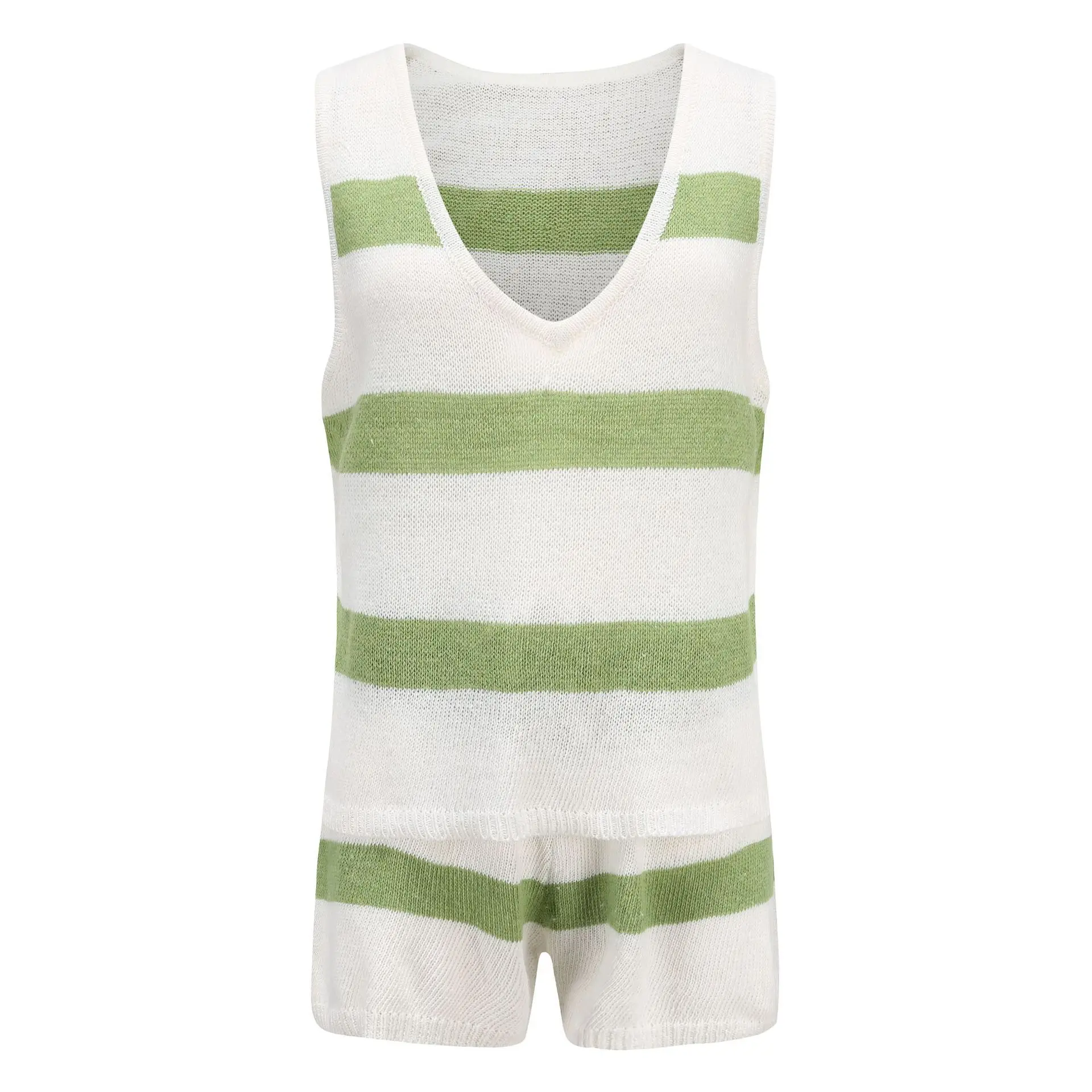 

WEPBEL Women's Casual Sleeveless V-neck Vest + Lace Up Straight Shorts Suit Summer Fashion Striped Knitting Suit