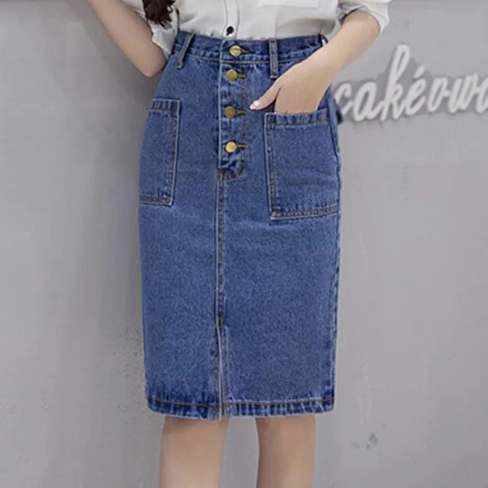 

Single Breasted Knee Length Denim Midi Skirt Women Streetwear Casual Pocket High Waist Straight Jeans Skirt 2021