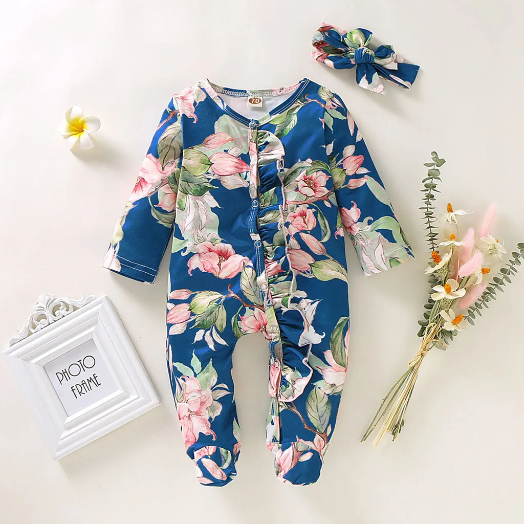 new born baby clothes autumn winter 2020 Newborn Infant Baby Girl Boy Footed Sleeper Romper Headband Clothes Outfits Set rompers | Детская