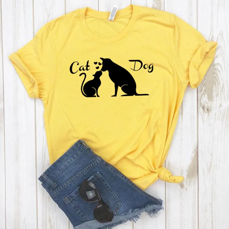 

Women T Shirt Love Friendship Between Dog Cat Print Tshirt Women Short Sleeve O Neck Loose T-shirt Ladies Summer Tee Shirt
