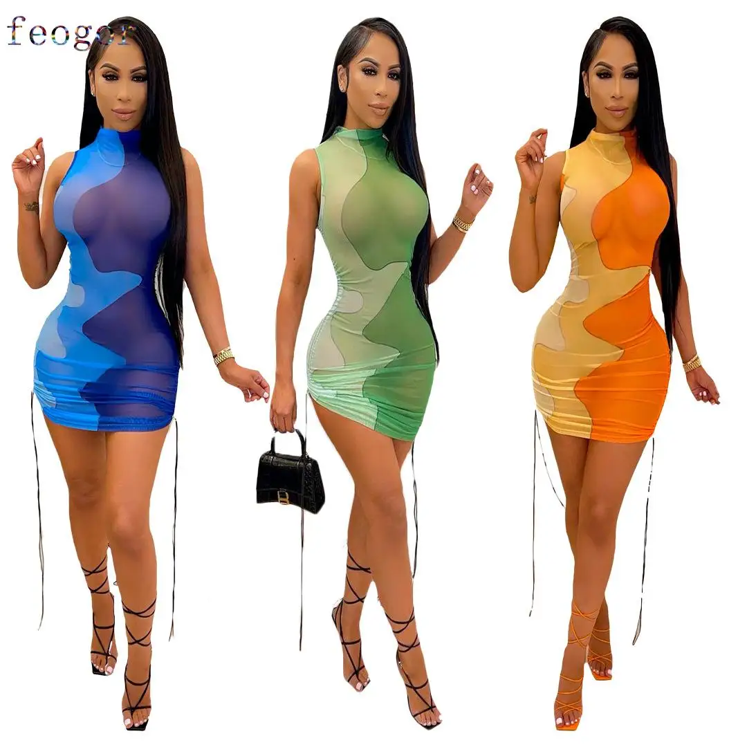 

FEOGOR 2021 summer new product dress 2021 summer fashion sexy mesh perspective print contrast drawstring sleeveless skirt dress