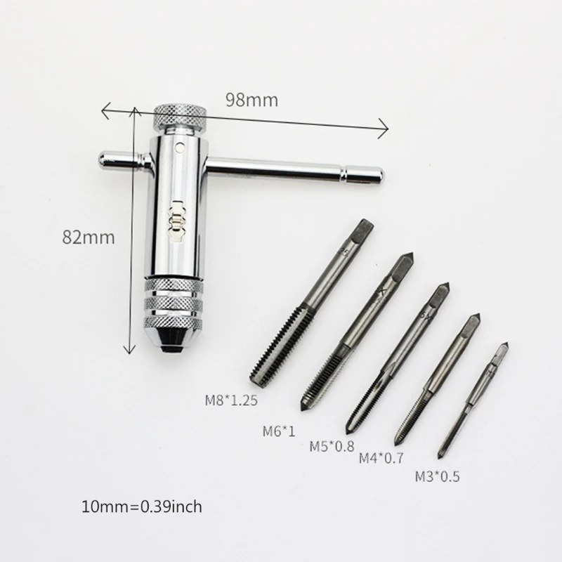 

6 Pcs Adjustable T-Handle Ratchet Tap Wrench Set M3-M8 Taps Silver Hand Screw