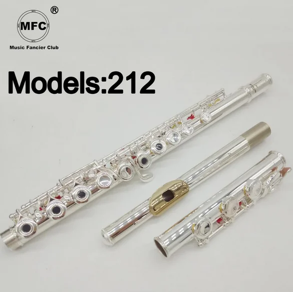 

Music Fancier Club Professional Flute 212 Silver Plated Flute Gold Plated Lip Plate B Leg Open Close Holes 17 E Key