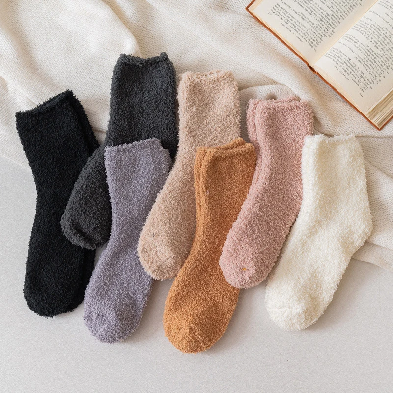 

Candy Color Warm Socks Plush Female Coral Fleece Floor Women's Socks Woman Sox Girls Breathable Fluffy Pure Sleeping Sock Solid