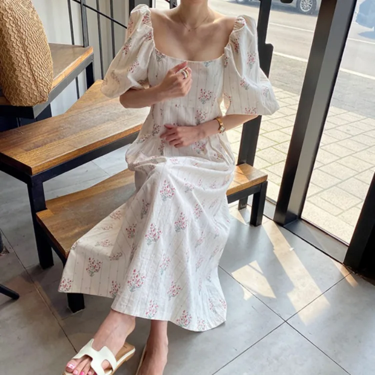 

Summer Women's Dress 2021 Big Puff Sleeve Midi Dress Retro French Square Collar Elegant Vintage Korean Fashion Cute Floral Dress