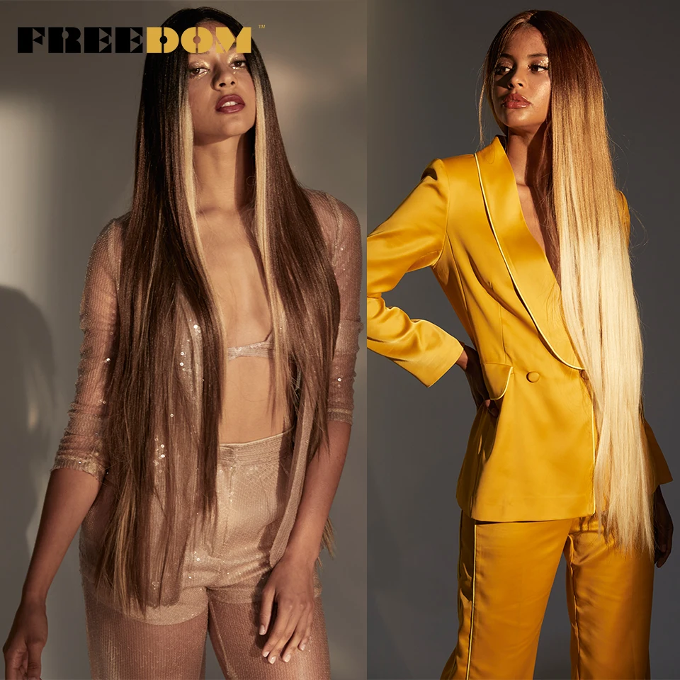 

FREEDOM Synthetic Wigs For Black Women 38 Inches Long Straight Wigs Ombre Blonde Cosplay Wigs Synthetic Scalp Wig Real Hairline