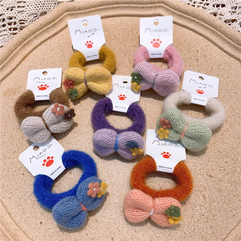 

2021 New Autumn and Winter Korean Fashion Children's Woolen Yarn Bow Plush Hair Rope Sweet Girl Kids Ponytail Hair Accessories