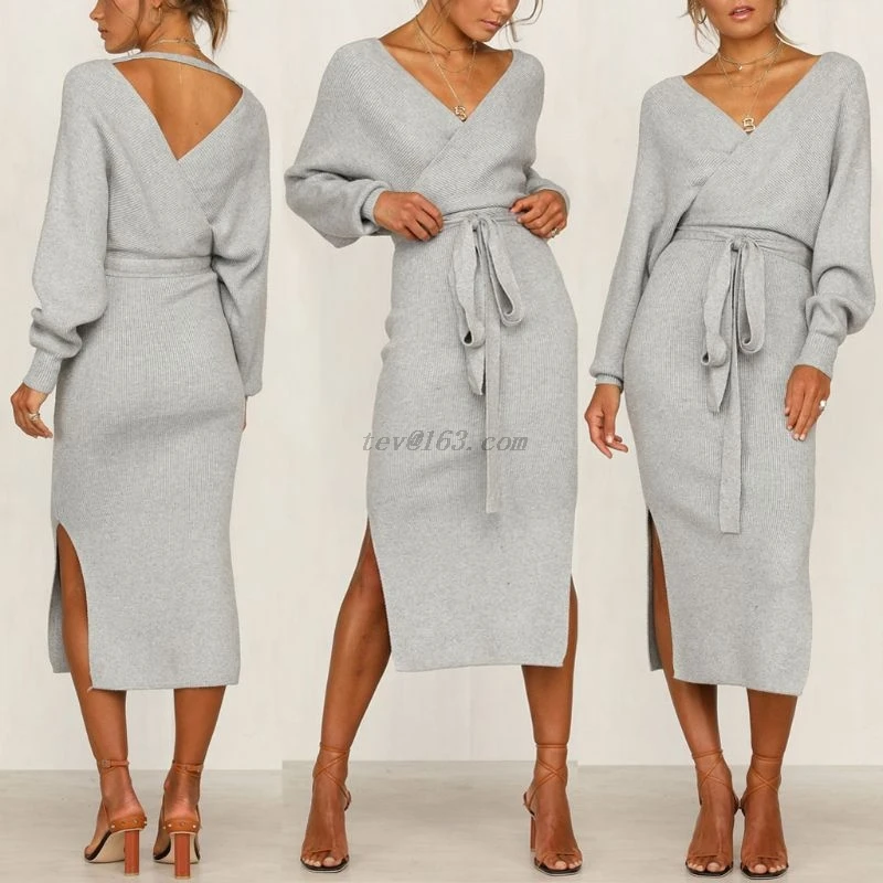 2019 Осень Зима Женский вязаный свитер платье с поясом туника миди платья длинным