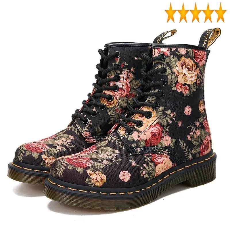 

Spring Fashion Womens New Retro Flowers Ridding Lace Up High Top British Female Cloth Ankle Boot Combat Shoes