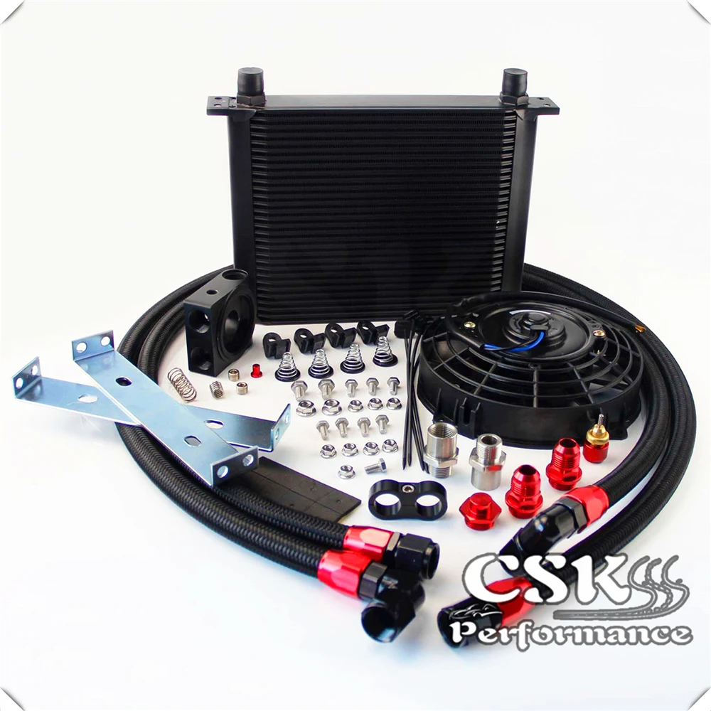 Universal AN10 30 Row Oil Cooler Thermostat Sandwich +7&quot Electric Fan kit Black / Silver |
