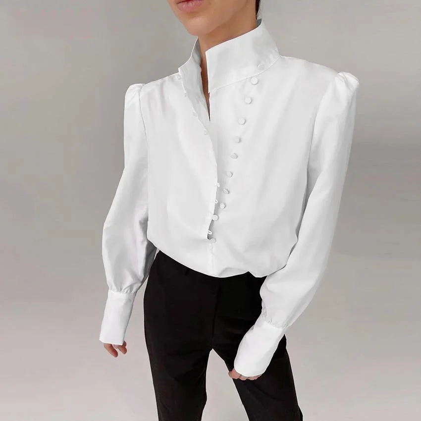 

Elegant Turtleneck Blouse Long Sleeve White Shirt Office Ladies Top Casual Solid Single-Breasted Puff Sleeve Womens Blouses