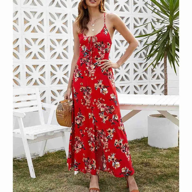 

Summer Dresses for Women Sexy Backless Printed Split Suspender Skirt Beach Skirt Red L Size