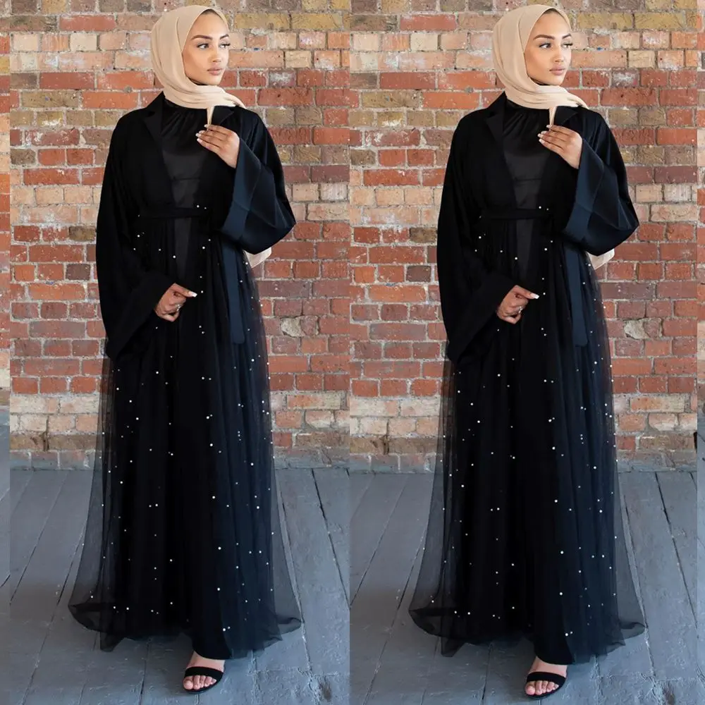 

2021 Muslim Women Instagram Middle East Gown Beaded Lace Cardigan Dress Muslim Dress Women Abaya Kaftan Moroccan Long Dress