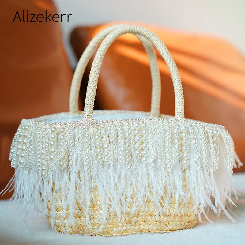 

White Ostrich Feather Beach Bag Women 2021 Summer Handmade Pearls Beaded Tassel Woven Straw Tote Bags Bohemia Handbag Holiday