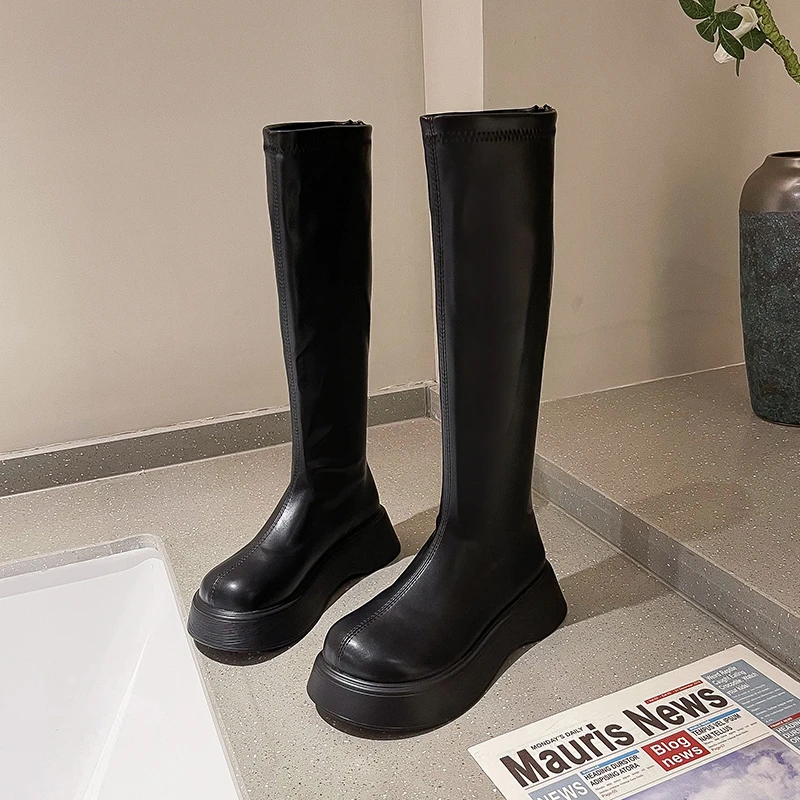 

Облегающие высокие сапоги до бедра на платформе, женские облегающие сапоги до колена на толстой подошве, женская обувь, черные зимние длинн...