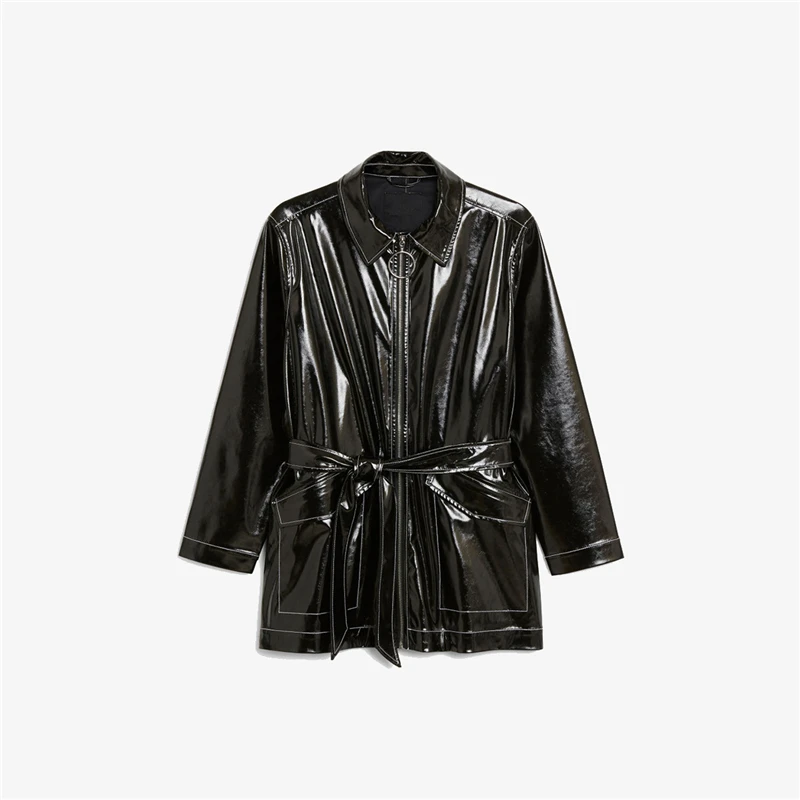

jacket Women Simplicity College style Patent leather PU Collect waist Lace up 2020 New Autumn And Winter Ladies Tops High Grade