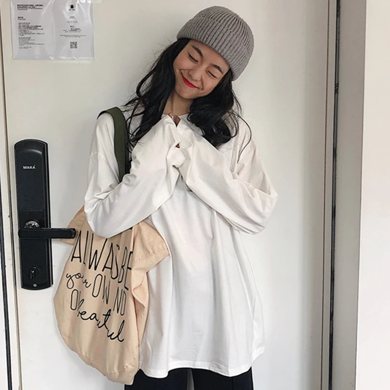 

Cotton solid color long-sleeved t-shirt women's 2020 early spring autumn loose Korean student Hong Kong all-match inner top