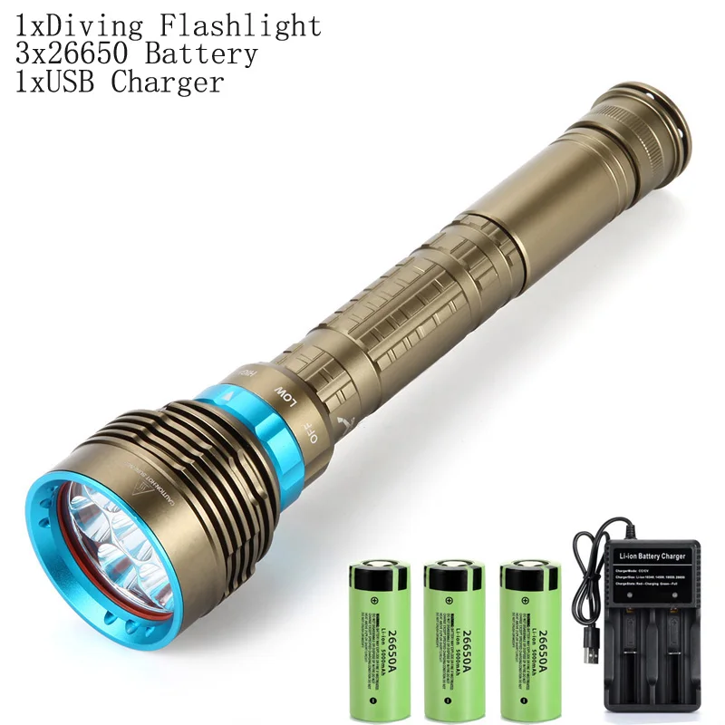 Package B Светодиодный фонарик для дайвинга, 7 x XM-L2, 100 лм, подводный фонарь, 26650 м, водонепроницаемый фонарь, аккумулятор 3x+ зарядное устройство - Испускаемый цвет: Package B