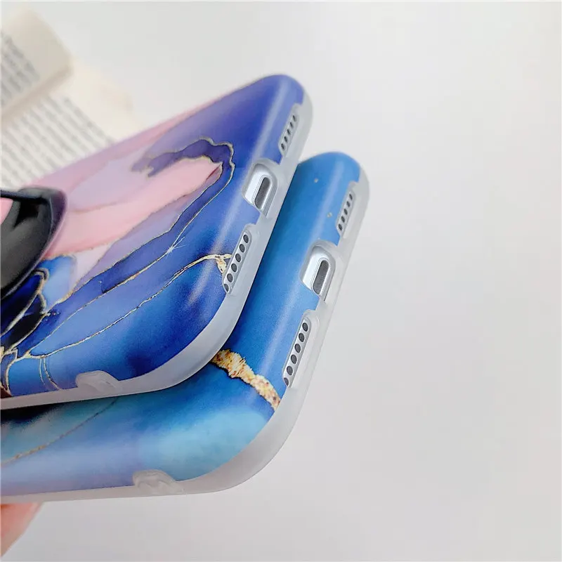 

Gradient Marble Stand Holder Phone Case For iPhone 11 11Pro Max XR XS Max 7 8 Plus 11Pro Soft IMD Back Cover For iPhone SE 2 12
