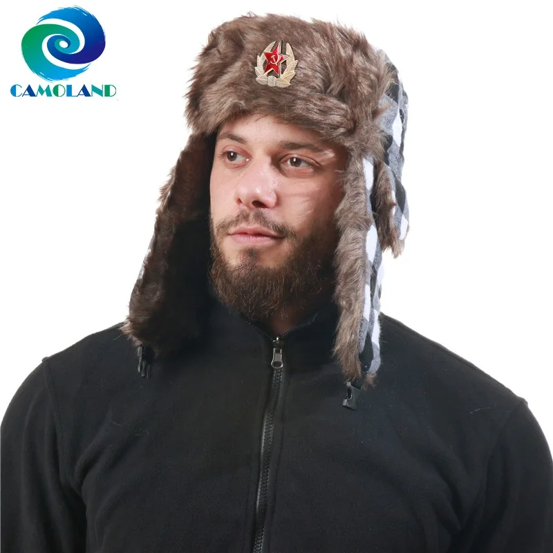 CAMOLAND Winter Thermal Faux Fur Bomber Hats For Women Men Military Army Soviet Badge Russia Hat Outdoor Earflap Snow Caps