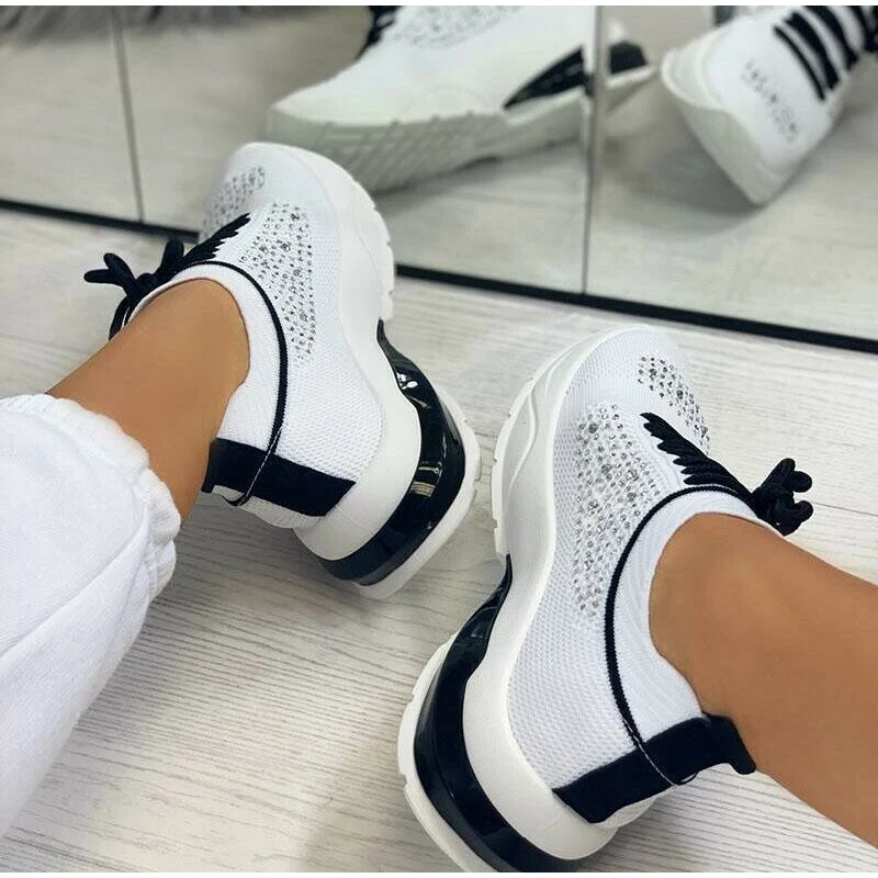 Ladies Flat Shoes Knitting Vulcanized Shoes For Women Light Sneakers Lace Up Breathable Casual Mesh 2021 Fashion Female Footwear