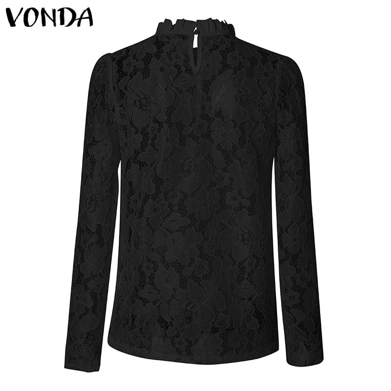 VONDA, белая кружевная блузка, женская рубашка, весна-осень, длинный рукав, Круглый ворот, открытая, повседневная, для девушек, кружевные топы, Blusas Feminina 5XL