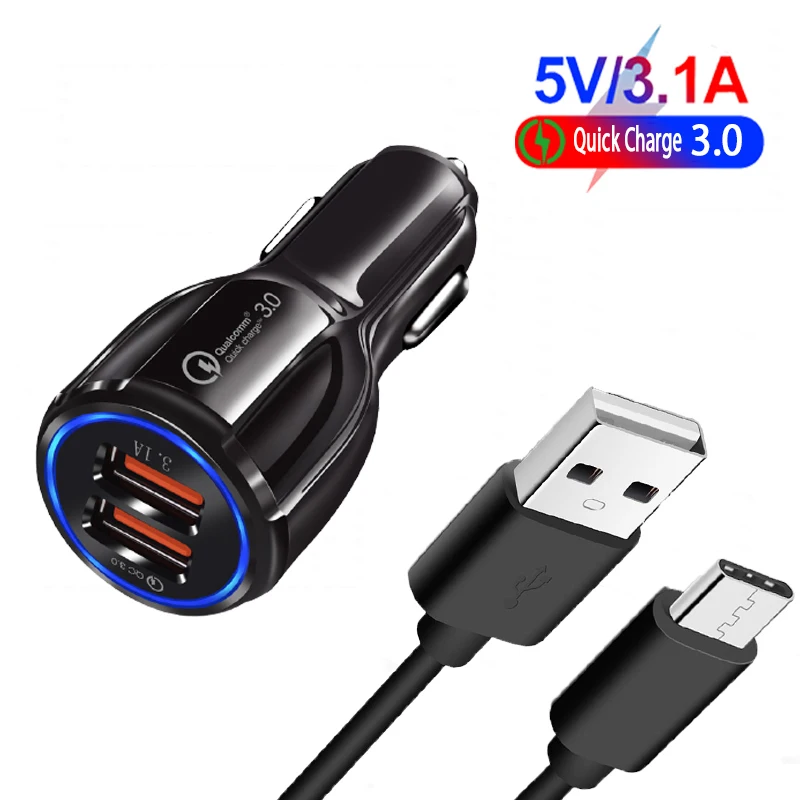 

QC 3.0 3.1A Fast Charge In Car Quick Charging USB Car Charger Phone Adapter For OPPO VIVO Samsung XIAOMI With Type-C Cable
