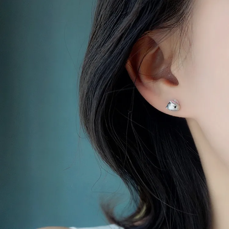 

MEETSOFT 925 Sterling Silver Prevent Allergy Resin Small White Rabbit Metal Stud Earrings for Women Jewelry Gift
