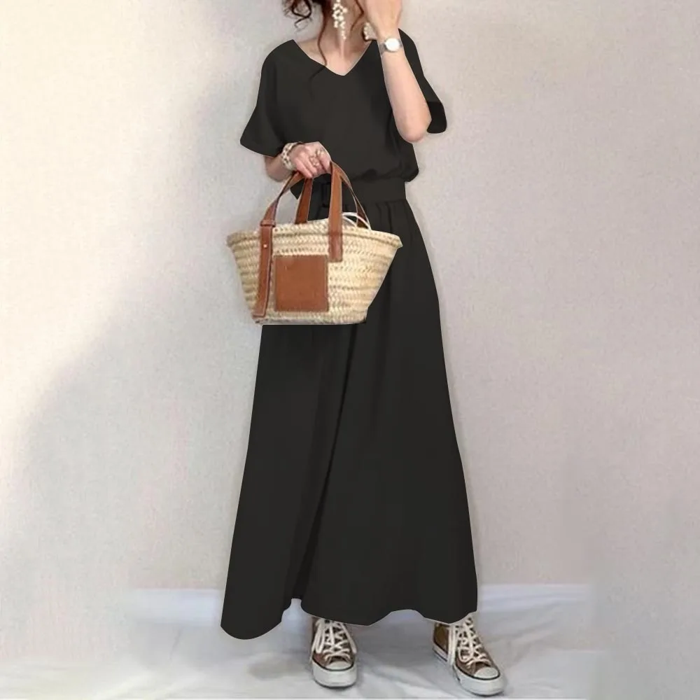 

Black Dress Casual Pullover V Neck Tunic High Waist Korean Dresses Women A Line Summer Short Sleeve Fashion Young Ladies Office