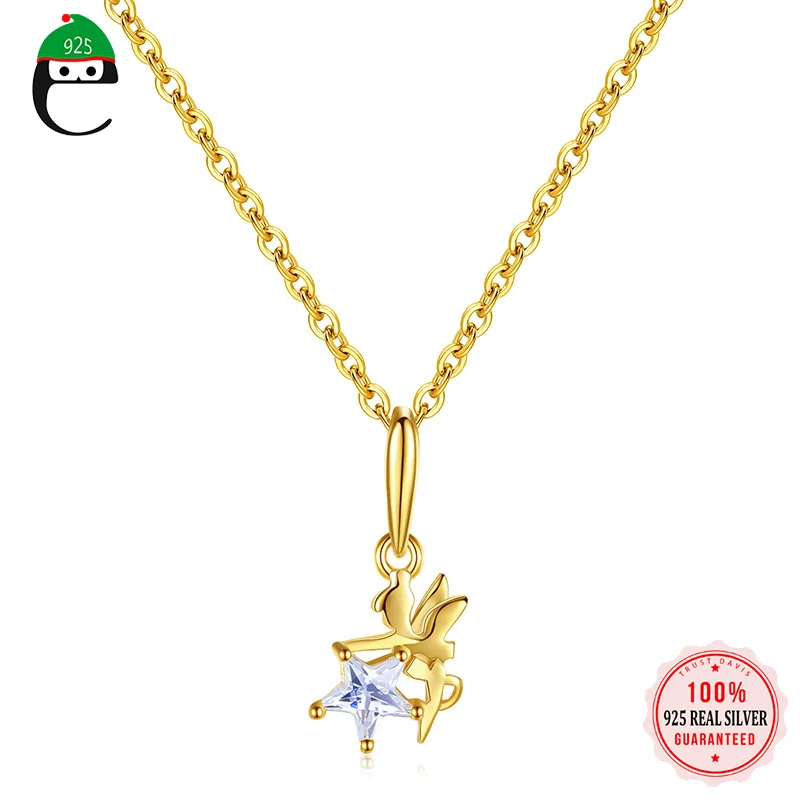 

ElfoPlataSi Real 925 Sterling Silver Elves Angel Zircon Star Pendant 14K Gold Plated Clavicle Chain Necklace Women Jewelry L060