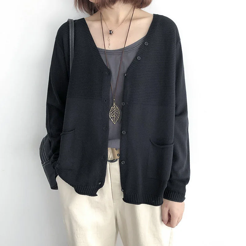 

Autumn Spring V Neck Cardigan Solid Casual Sweat Sweater Pocket Knitted Loose Chic Coat Fashion Harajuku Korean Sweaters