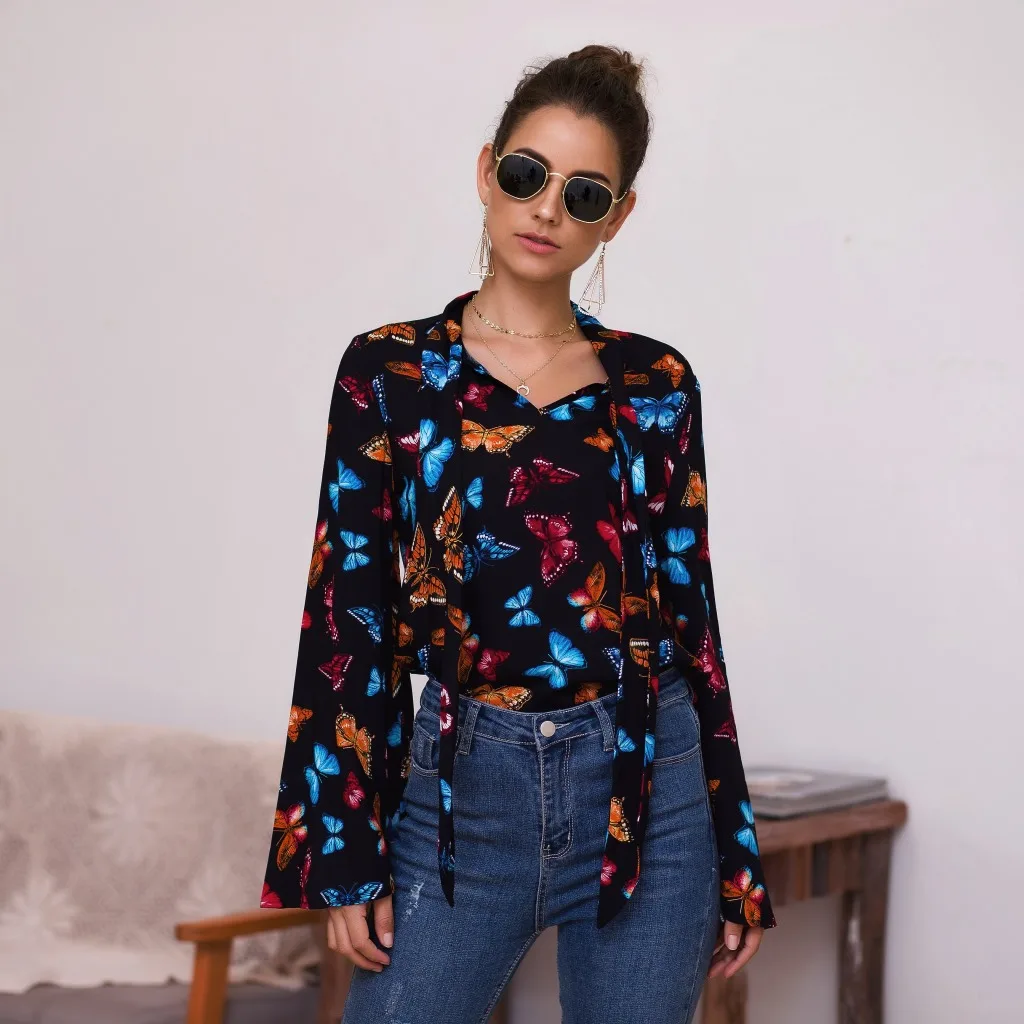 2019 Женская Осенняя рубашка с завязками-бантиками из хлопка бабочками и принтом