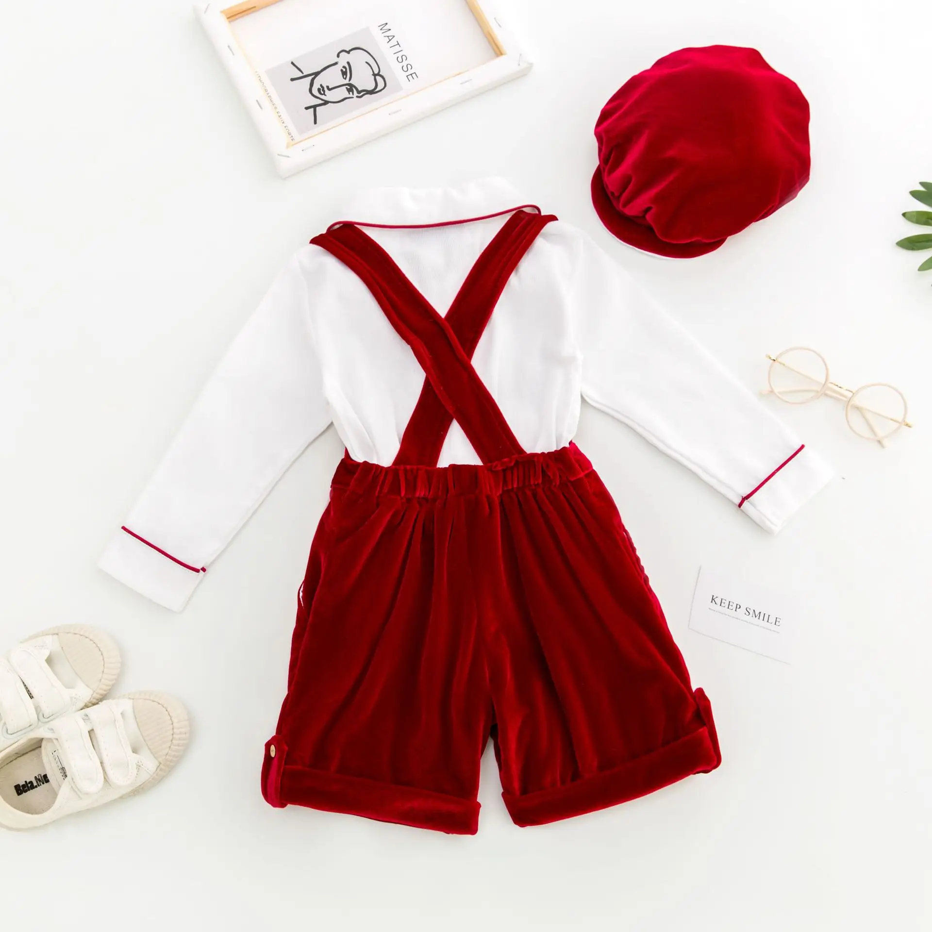 Spanish Baby Boy Clothes Set Vintage Kids Summer Suit Formal Wedding Toddler White Shirt +Velvet Suspender Pants Shorts Outfits