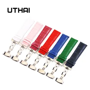 Ремешок UTHAI B08 из натуральной кожи для наручных часов, универсальный браслет с застежкой-бабочкой, со стальной пряжкой, 12-24 мм, с инструментами