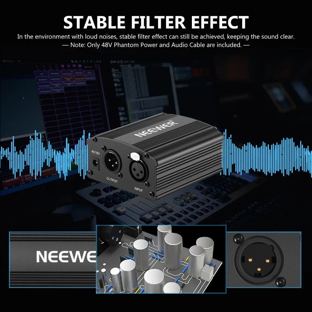 Neewer EU Plug 220V 1-канальный 48В Питание+ адаптер+ один XLR аудио кабель для любого конденсаторный микрофон для записи