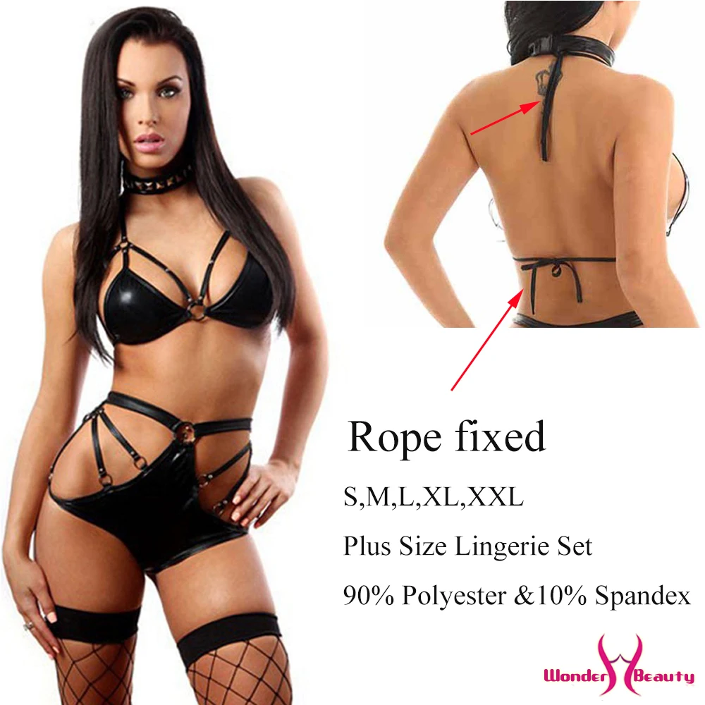 Erotic Sexy Black Negligee Vinyl Bikini Set Exotic Apparel Cheap Fashion Underwear Leather Lingerie Latex Catsuit | Тематическая