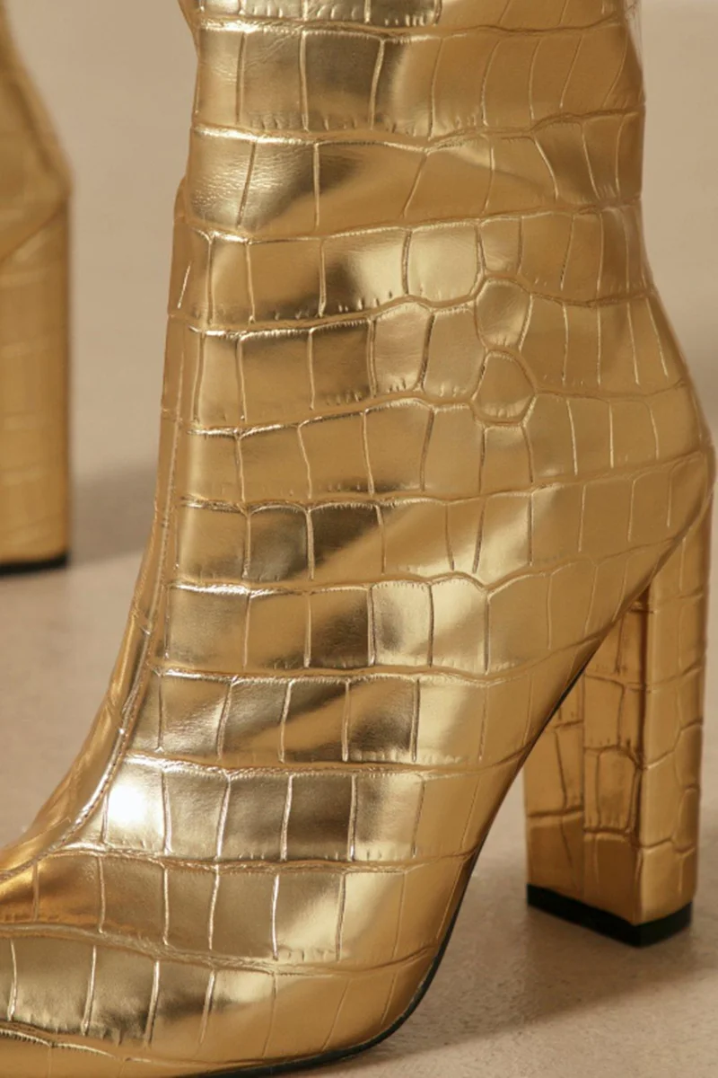 Trendy Gold Silver Shoes Boots High Chunky Heel Knee High Boots for Women Stone Print Slip-on Size 43